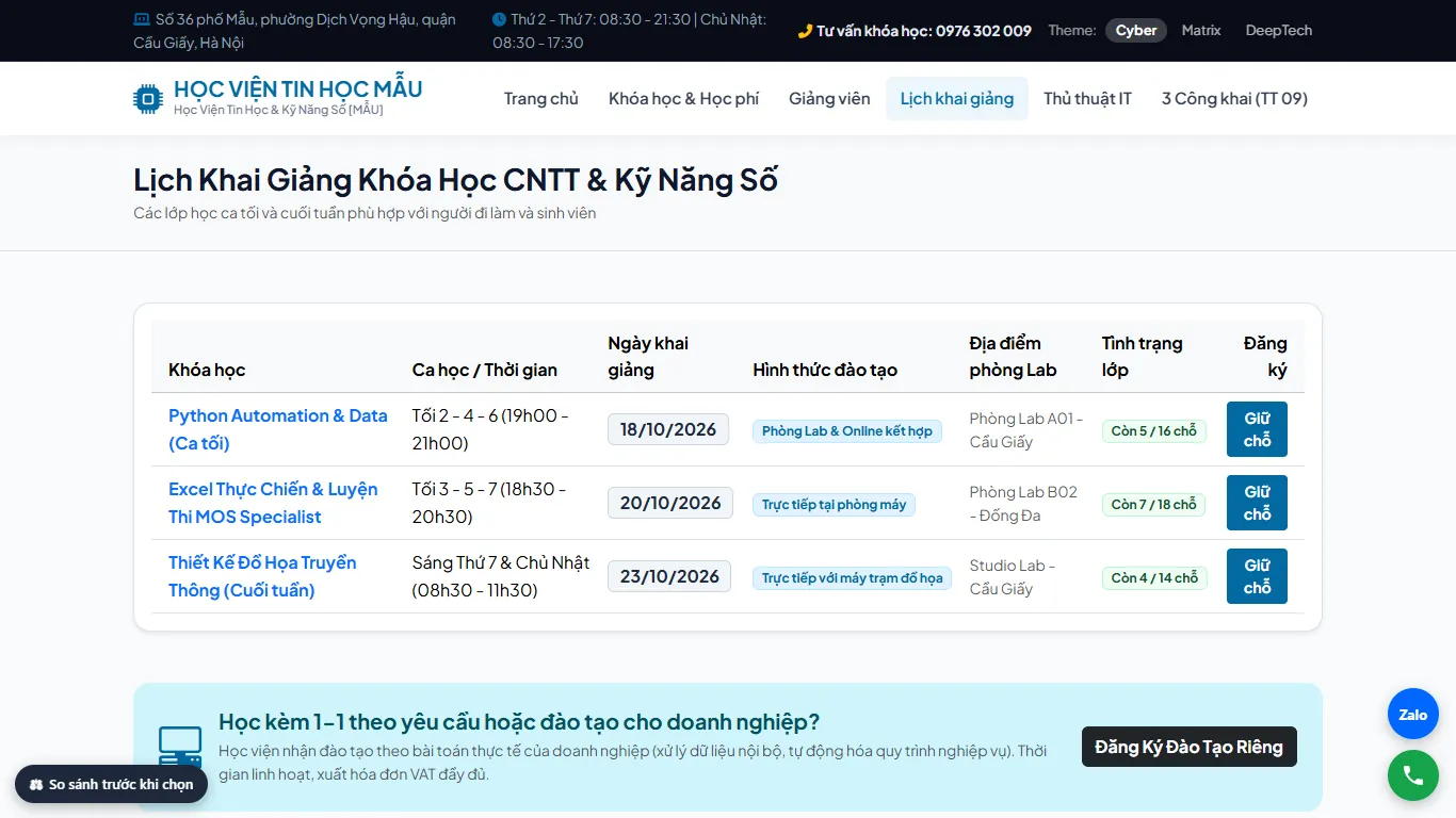Web Trung tâm Tin học – Lịch khai giảng (máy tính)