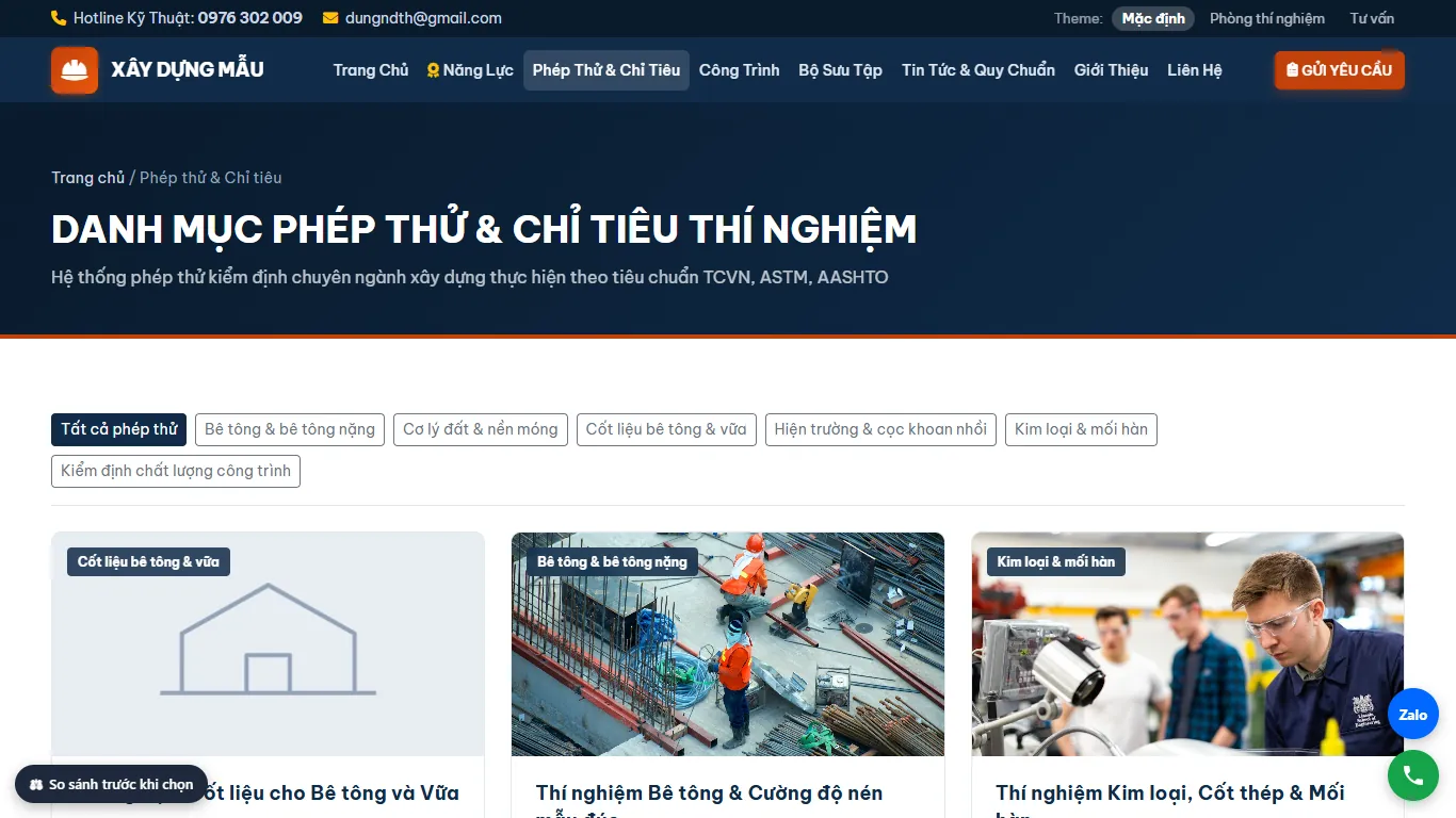Web Xây dựng & Kiểm định – Phép thử và chỉ tiêu (máy tính)