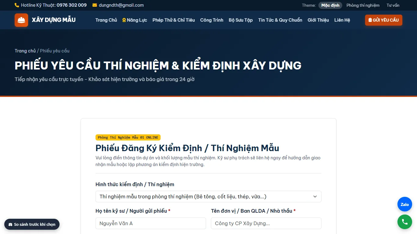 Web Xây dựng & Kiểm định – Gửi yêu cầu thí nghiệm (máy tính)