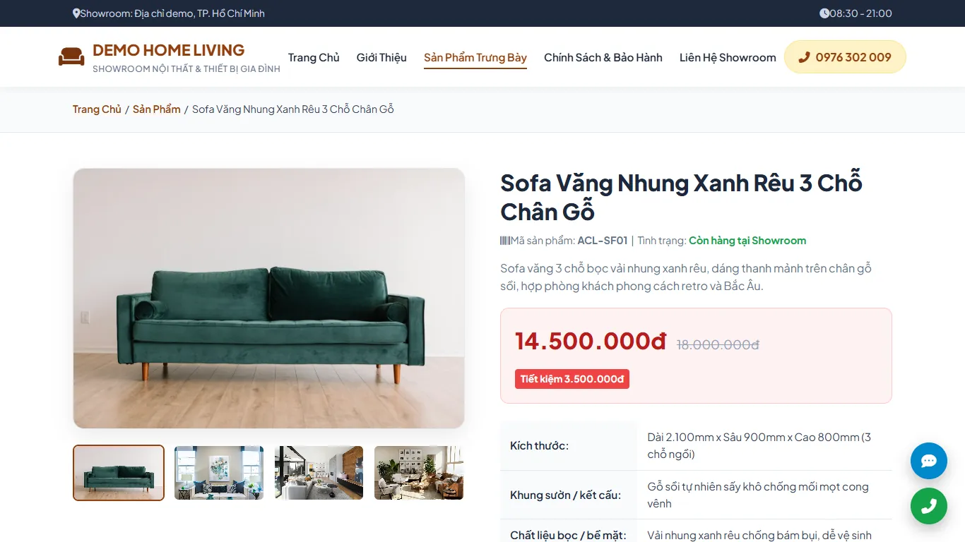 Web tĩnh Showroom nội thất (nhiều trang) – Trang chi tiết (máy tính)