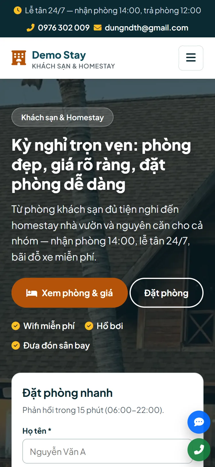 Web tĩnh Khách sạn & Homestay — Trang chủ (điện thoại)