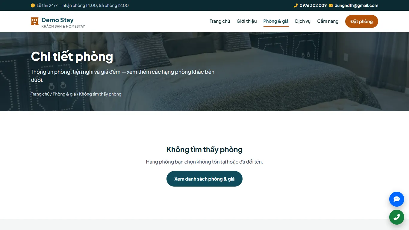 Web tĩnh Khách sạn & Homestay – Chi tiết từng phòng